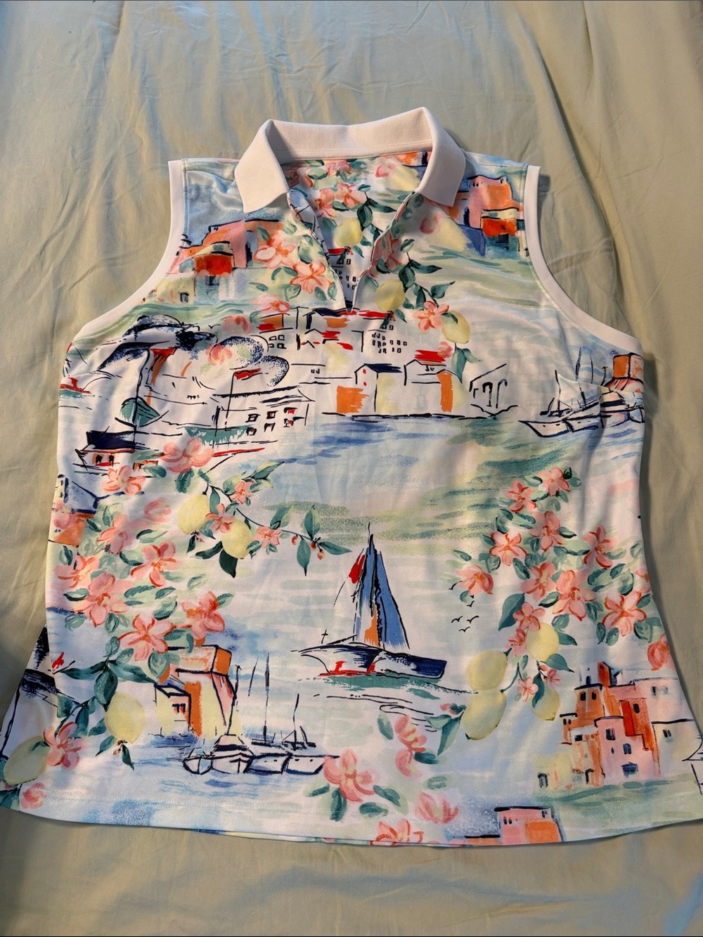 Women's Sleeveless Scenic Print Polo Top - Pastel Floral & Sailboat